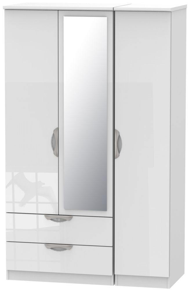 Camden High Gloss White 3 Door 2 Left Drawer Mirror Wardrobe