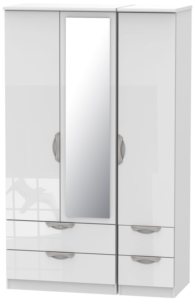 Camden High Gloss White 3 Door 4 Drawer Mirror Wardrobe