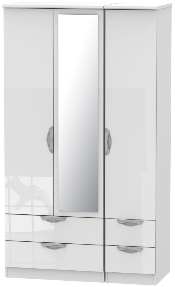 Camden High Gloss White 3 Door 4 Drawer Tall Mirror Wardrobe