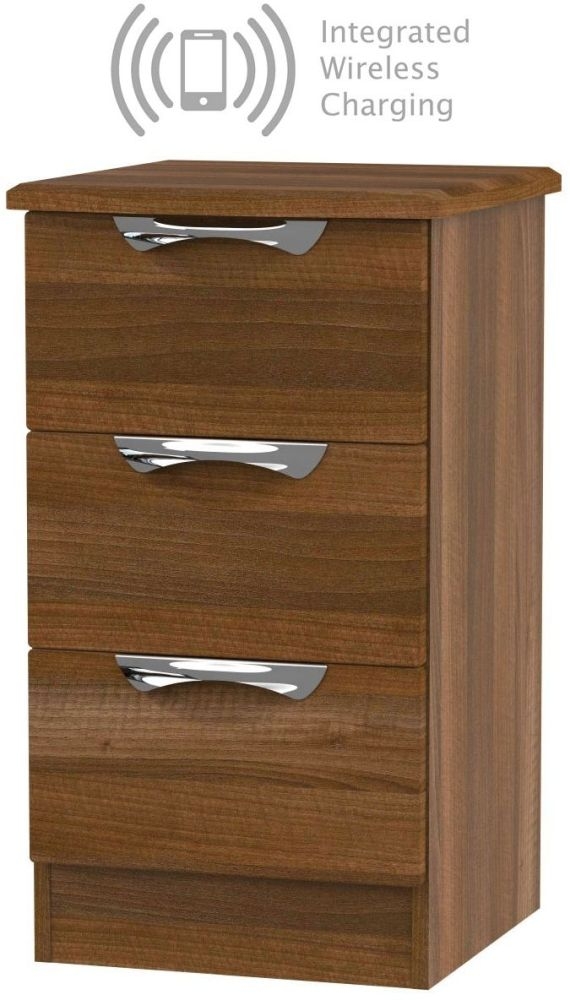 Camden Noche Walnut 3 Drawer Bedside Cabinet With Integrated Wireless Charging