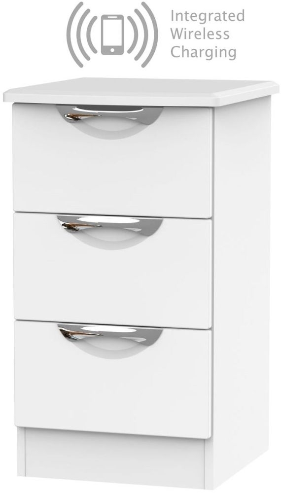 Camden White Matt 3 Drawer Bedside Cabinet With Integrated Wireless Charging