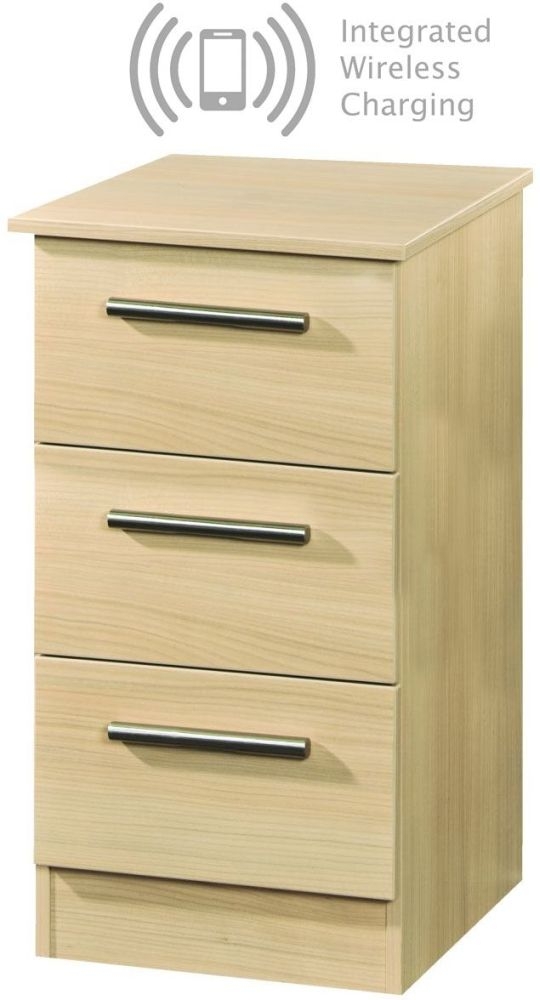 Contrast Elm 3 Drawer Bedside Cabinet With Integrated Wireless Charging