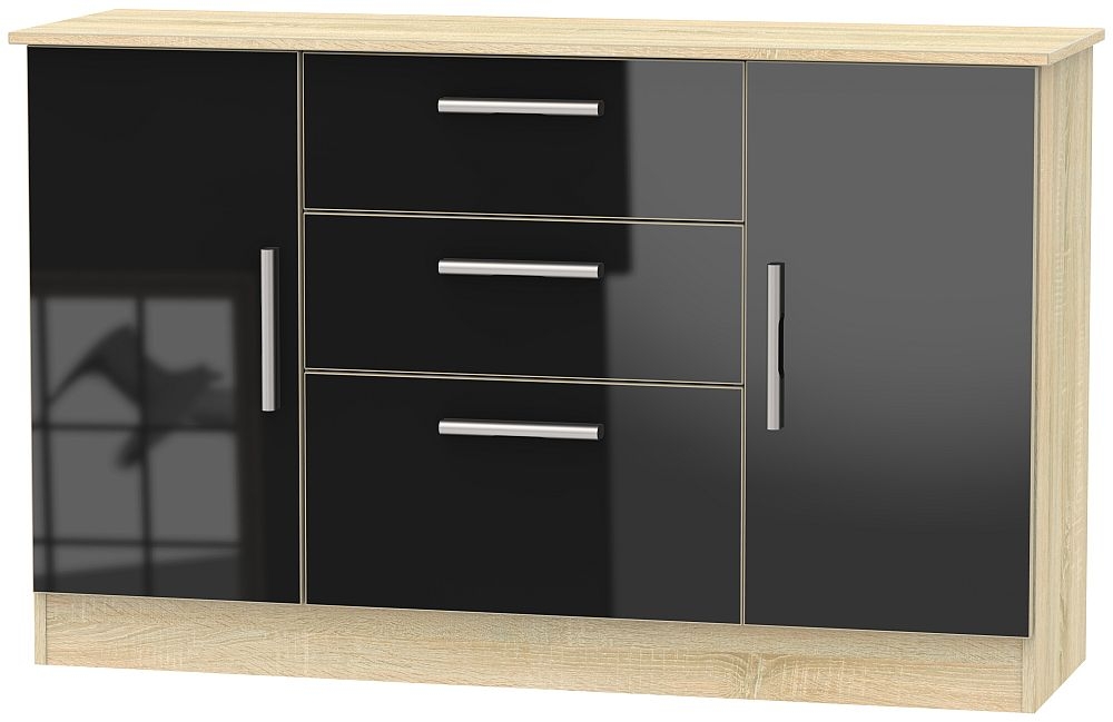 Contrast 2 Door 3 Drawer Sideboard High Gloss Black And Bardolino