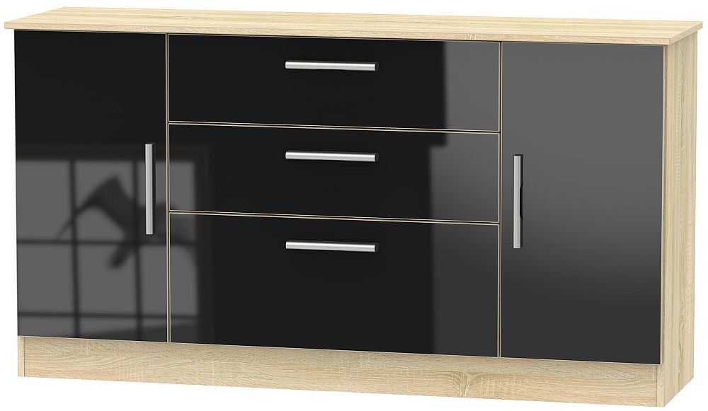 Contrast 2 Door 3 Drawer Wide Sideboard High Gloss Black And Bardolino