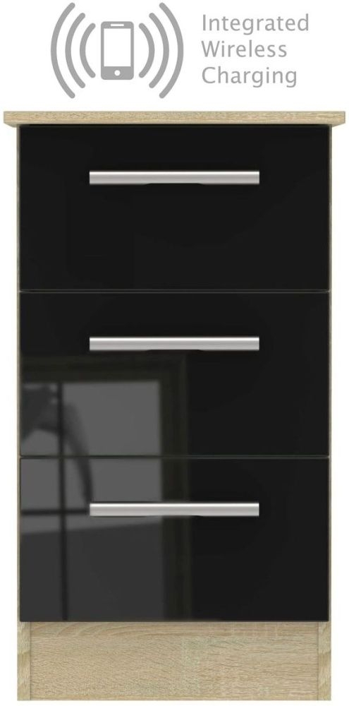 Contrast 3 Drawer Bedside Cabinet With Integrated Wireless Charging High Gloss Black And Bardolino