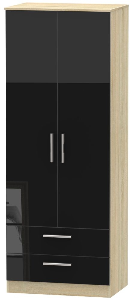 Contrast 2 Door 2 Drawer Wardrobe High Gloss Black And Bardolino