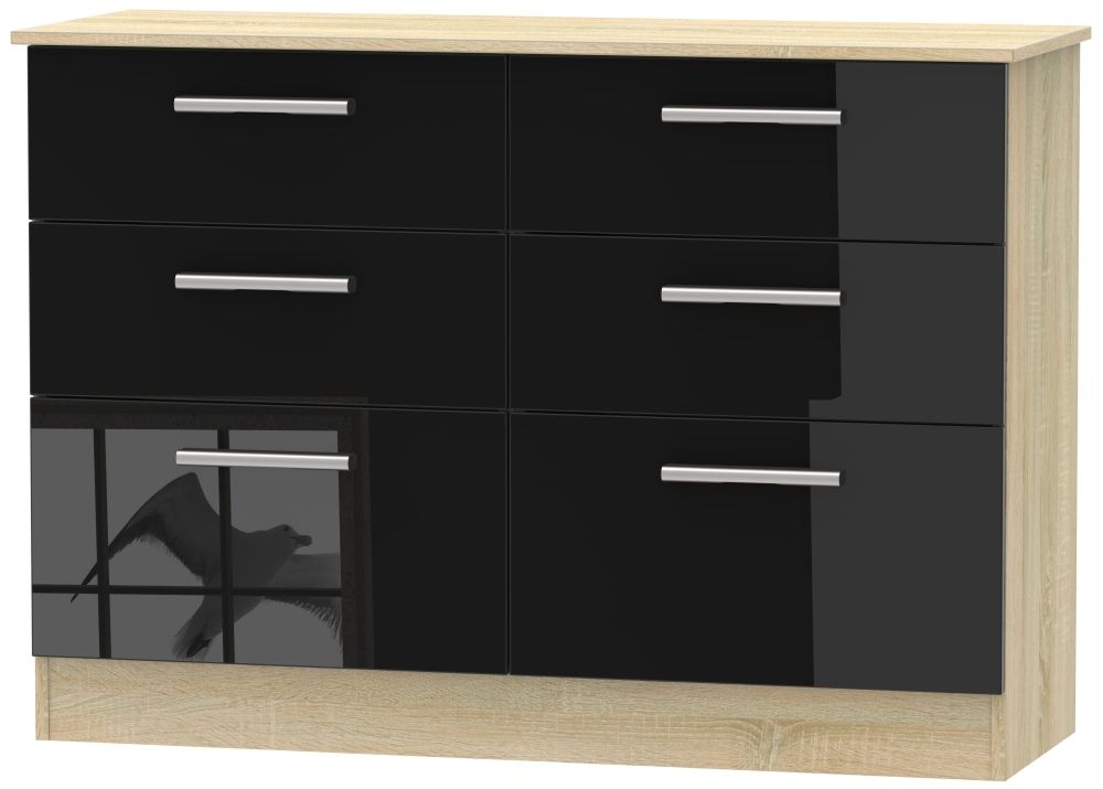 Contrast 6 Drawer Midi Chest High Gloss Black And Bardolino