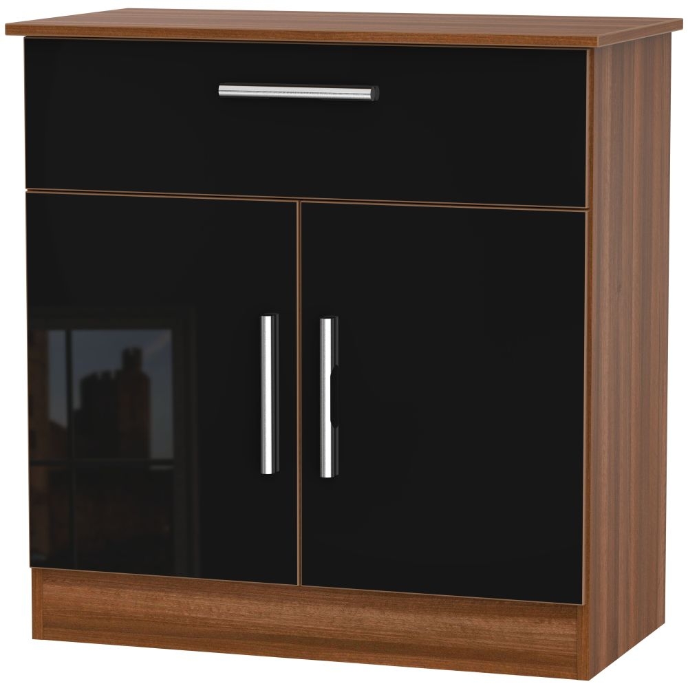 Contrast 2 Door 1 Drawer Narrow Sideboard High Gloss Black And Noche Walnut