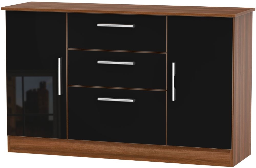 Contrast 2 Door 3 Drawer Sideboard High Gloss Black And Noche Walnut