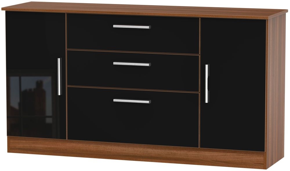 Contrast 2 Door 3 Drawer Wide Sideboard High Gloss Black And Noche Walnut