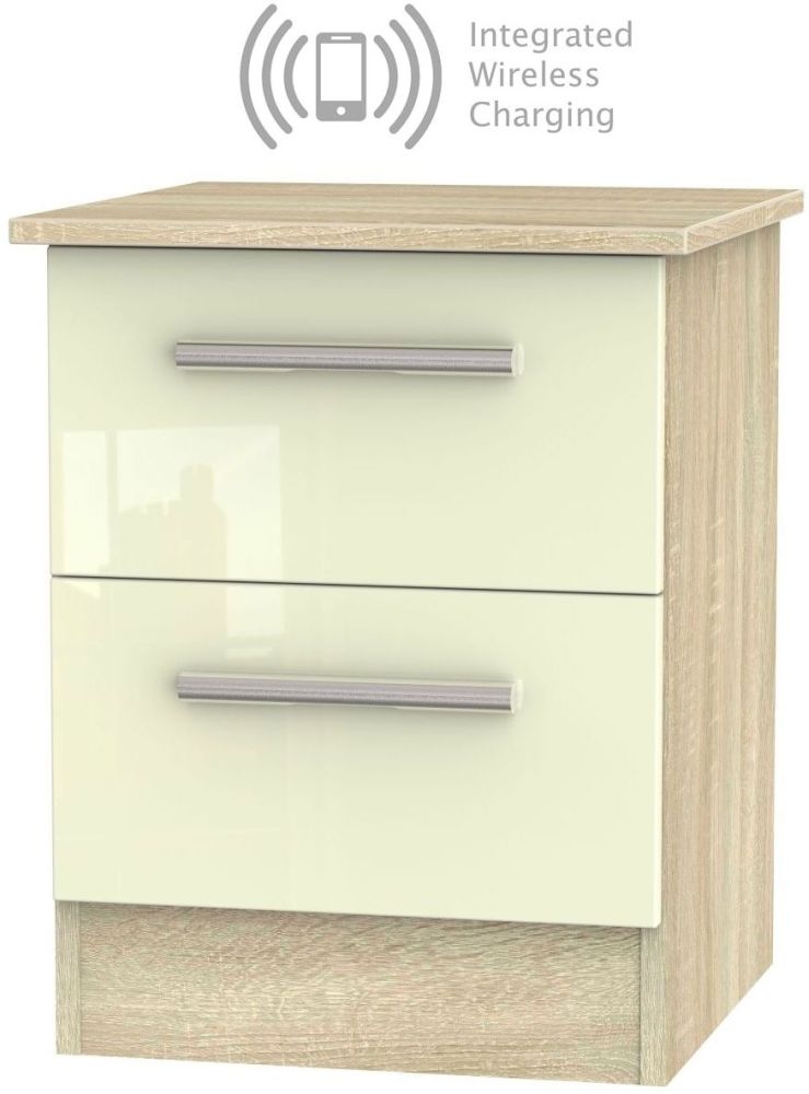 Contrast 2 Drawer Bedside Cabinet With Integrated Wireless Charging High Gloss Cream And Bardolino