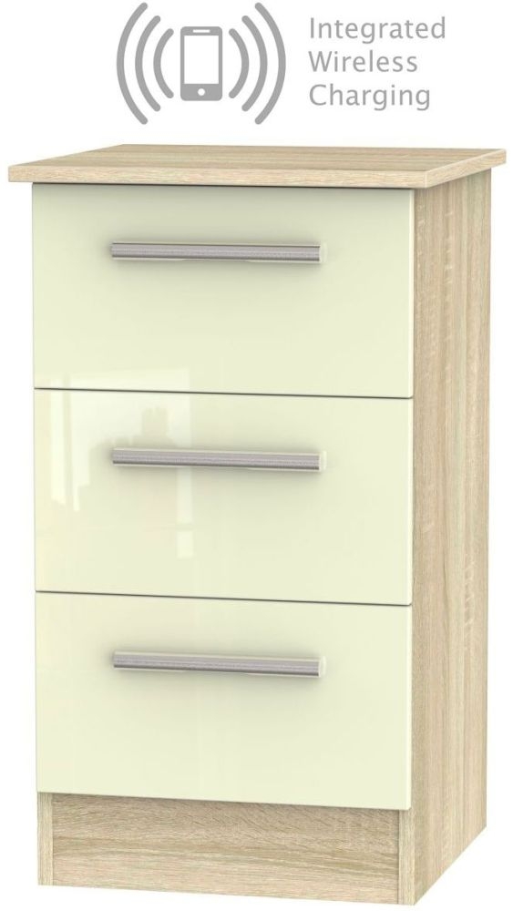 Contrast 3 Drawer Bedside Cabinet With Integrated Wireless Charging High Gloss Cream And Bardolino