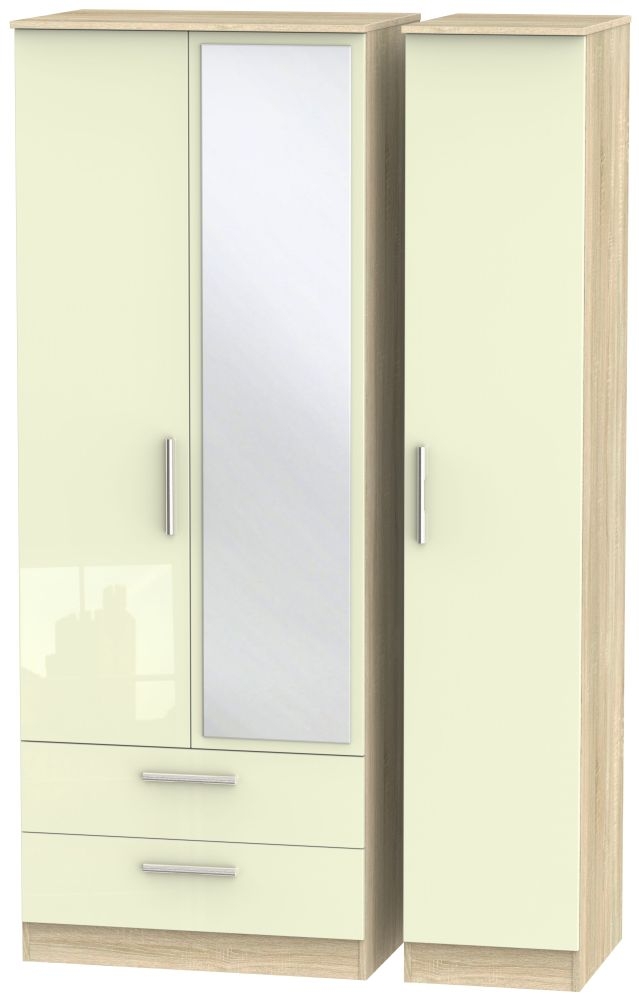 Contrast 3 Door Combi Wardrobe High Gloss Cream And Bardolino