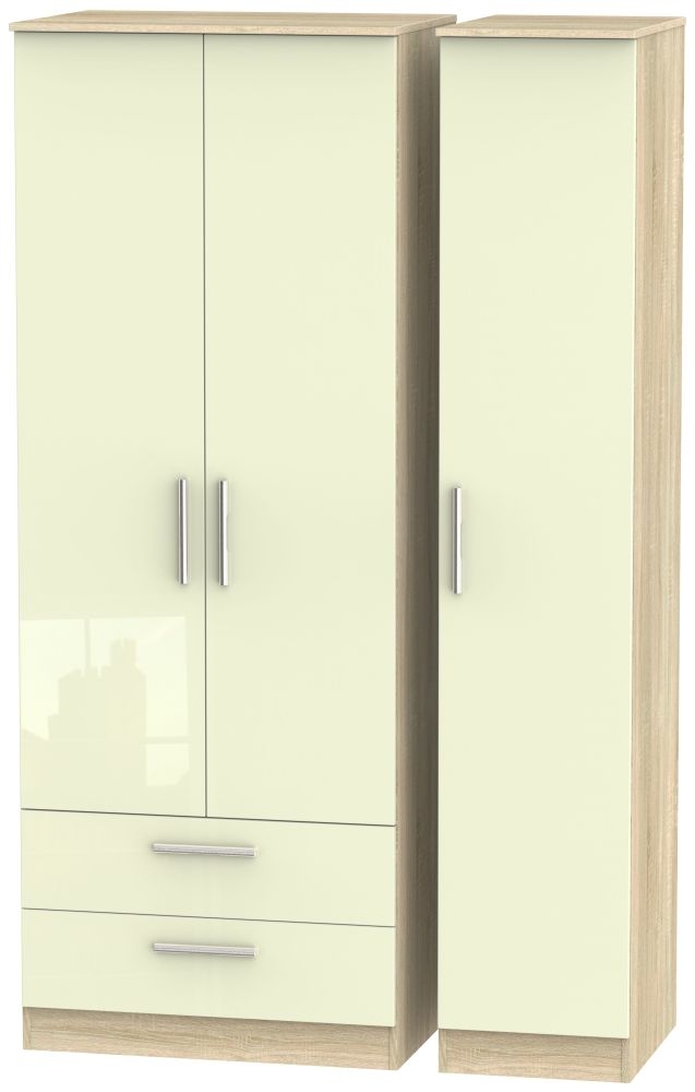 Contrast 3 Door 2 Drawer Wardrobe High Gloss Cream And Bardolino