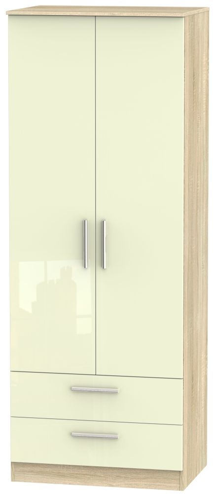 Contrast 2 Door 2 Drawer Wardrobe High Gloss Cream And Bardolino