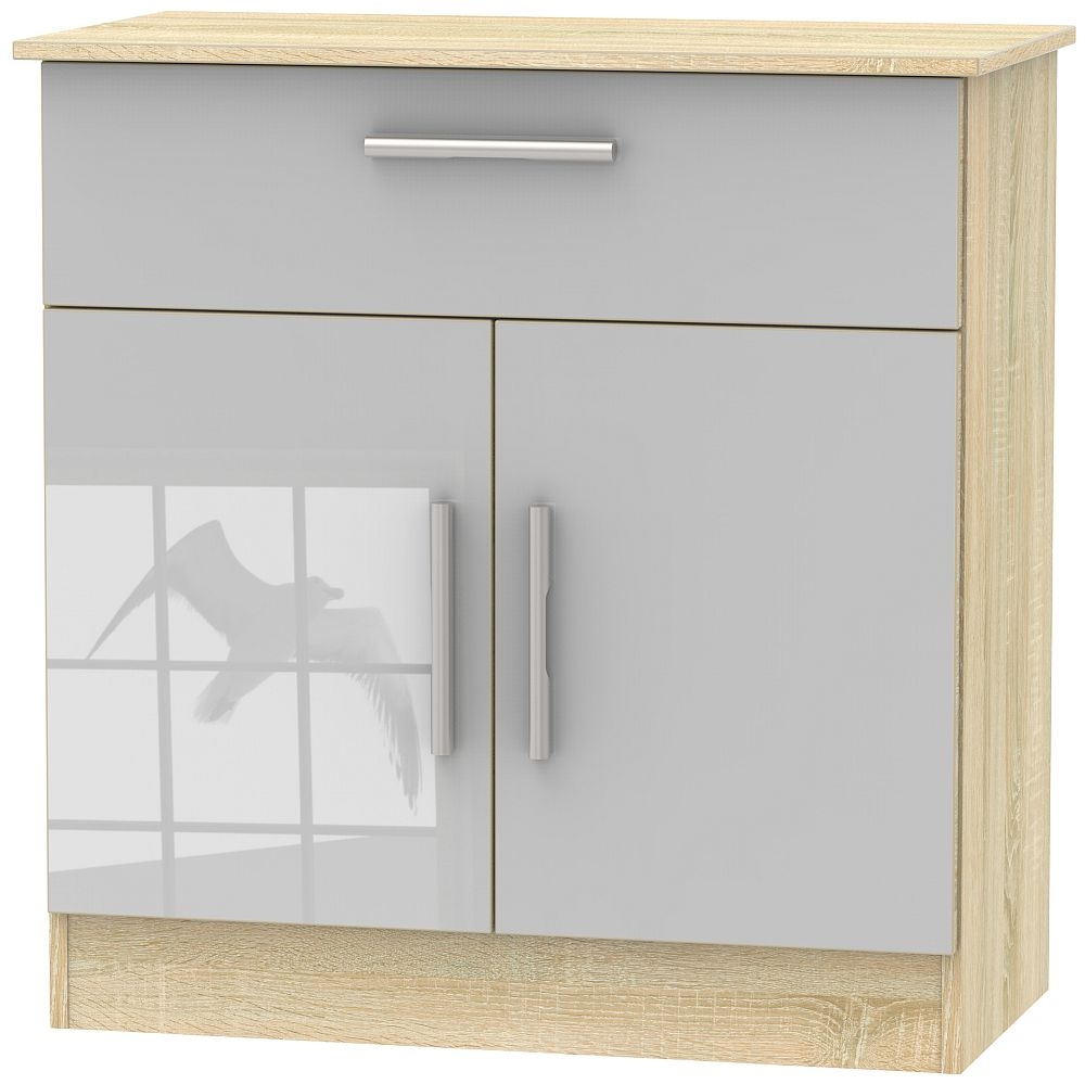 Contrast 2 Door 1 Drawer Narrow Sideboard High Gloss Grey And Bardolino