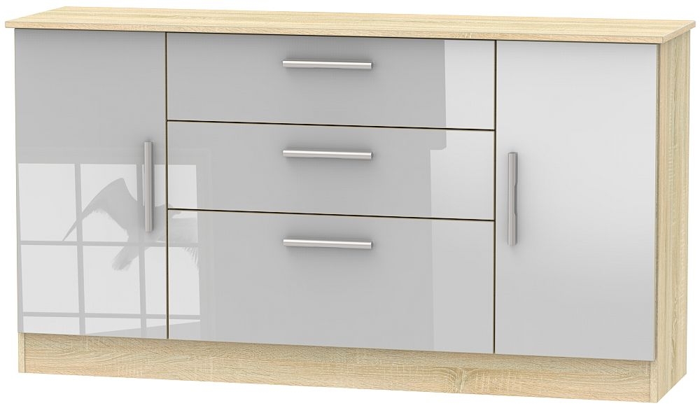 Contrast 2 Door 3 Drawer Wide Sideboard High Gloss Grey And Bardolino