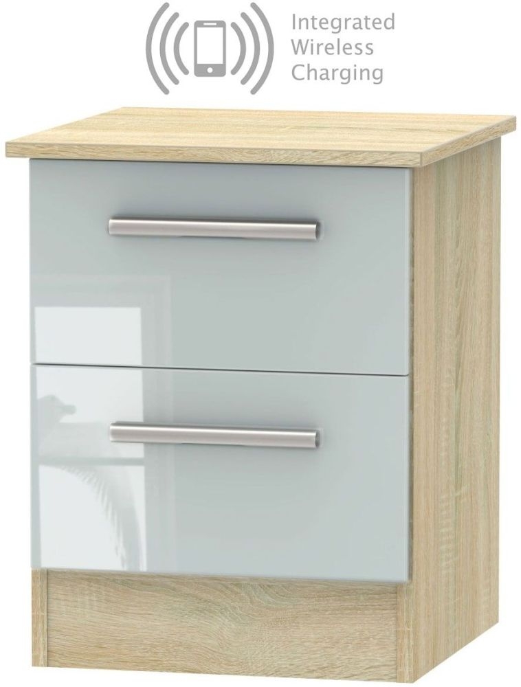 Contrast 2 Drawer Bedside Cabinet With Integrated Wireless Charging High Gloss Grey And Bardolino