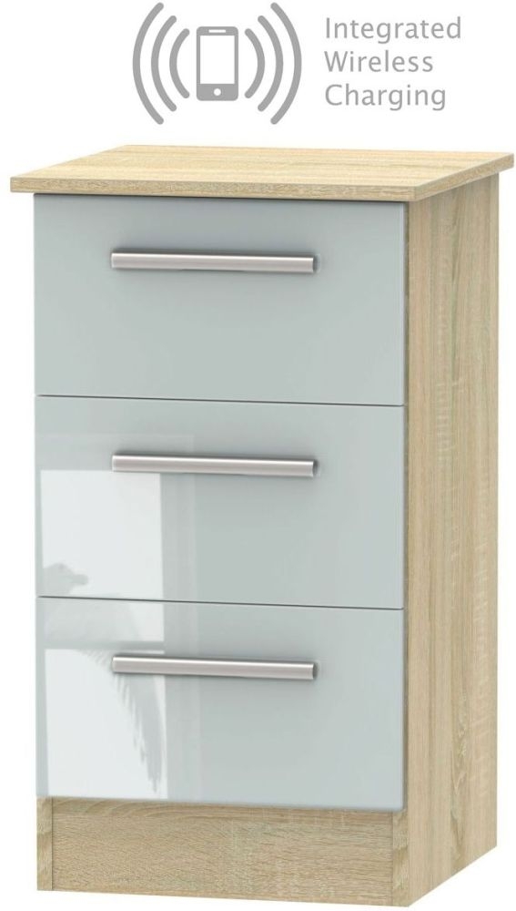 Contrast 3 Drawer Bedside Cabinet With Integrated Wireless Charging High Gloss Grey And Bardolino