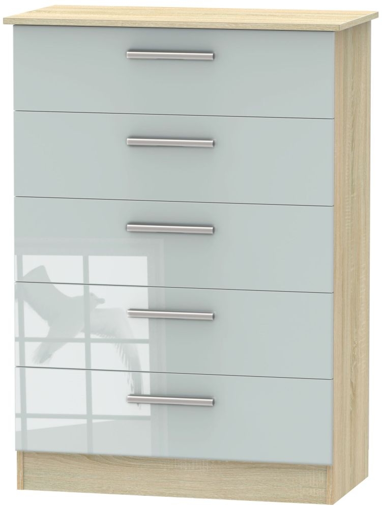 Contrast 5 Drawer Chest High Gloss Grey And Bardolino