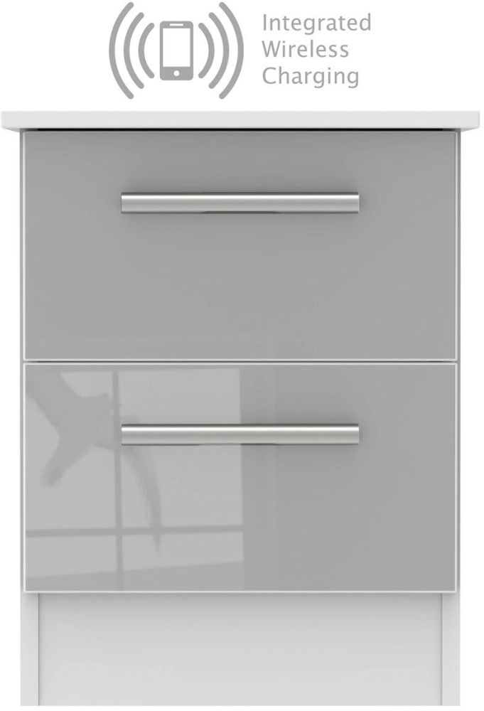 Contrast 2 Drawer Bedside Cabinet With Integrated Wireless Charging High Gloss Grey And White