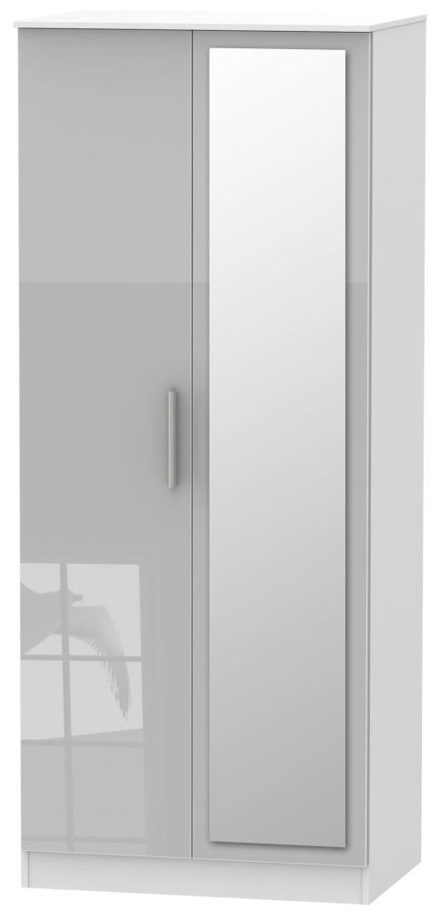 Contrast 2 Door Mirror Wardrobe High Gloss Grey And White