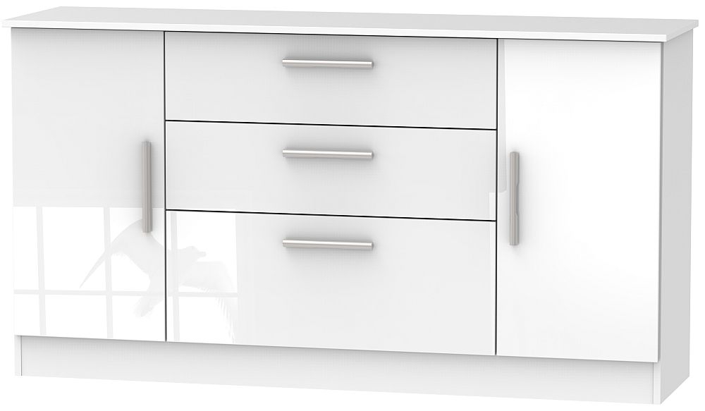 Contrast High Gloss White 2 Door 3 Drawer Wide Sideboard