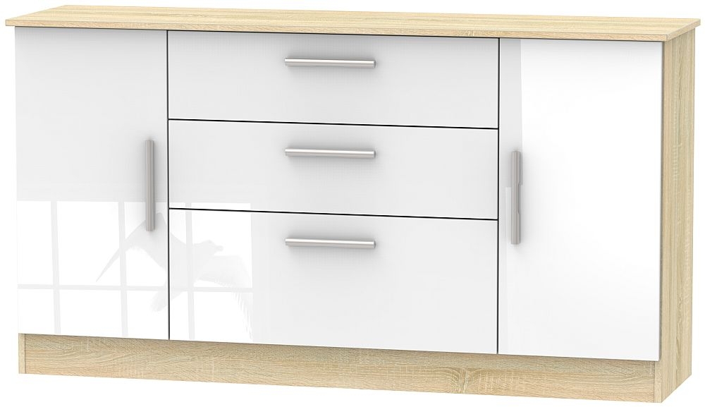 Contrast 2 Door 3 Drawer Wide Sideboard High Gloss White And Bardolino