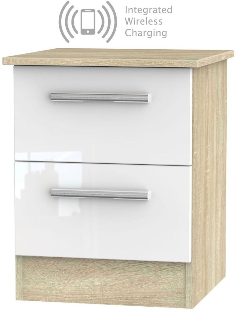 Contrast 2 Drawer Bedside Cabinet With Integrated Wireless Charging High Gloss White And Bardolino