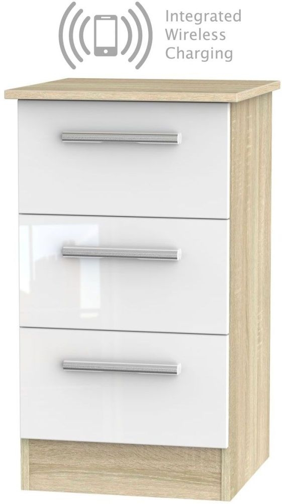 Contrast 3 Drawer Bedside Cabinet With Integrated Wireless Charging High Gloss White And Bardolino