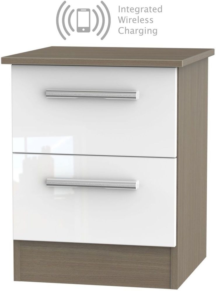 Contrast 2 Drawer Bedside Cabinet With Integrated Wireless Charging High Gloss White And Toronto Walnut