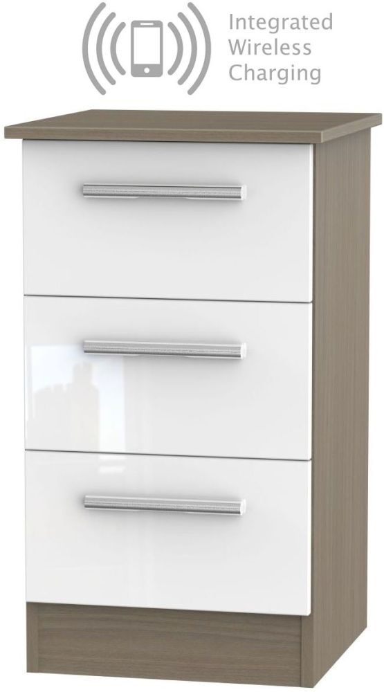 Contrast 3 Drawer Bedside Cabinet With Integrated Wireless Charging High Gloss White And Toronto Walnut