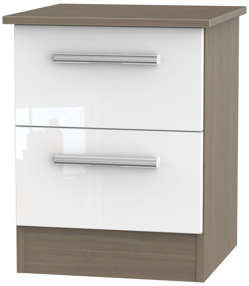 Contrast 2 Drawer Bedside Cabinet High Gloss White And Toronto Walnut
