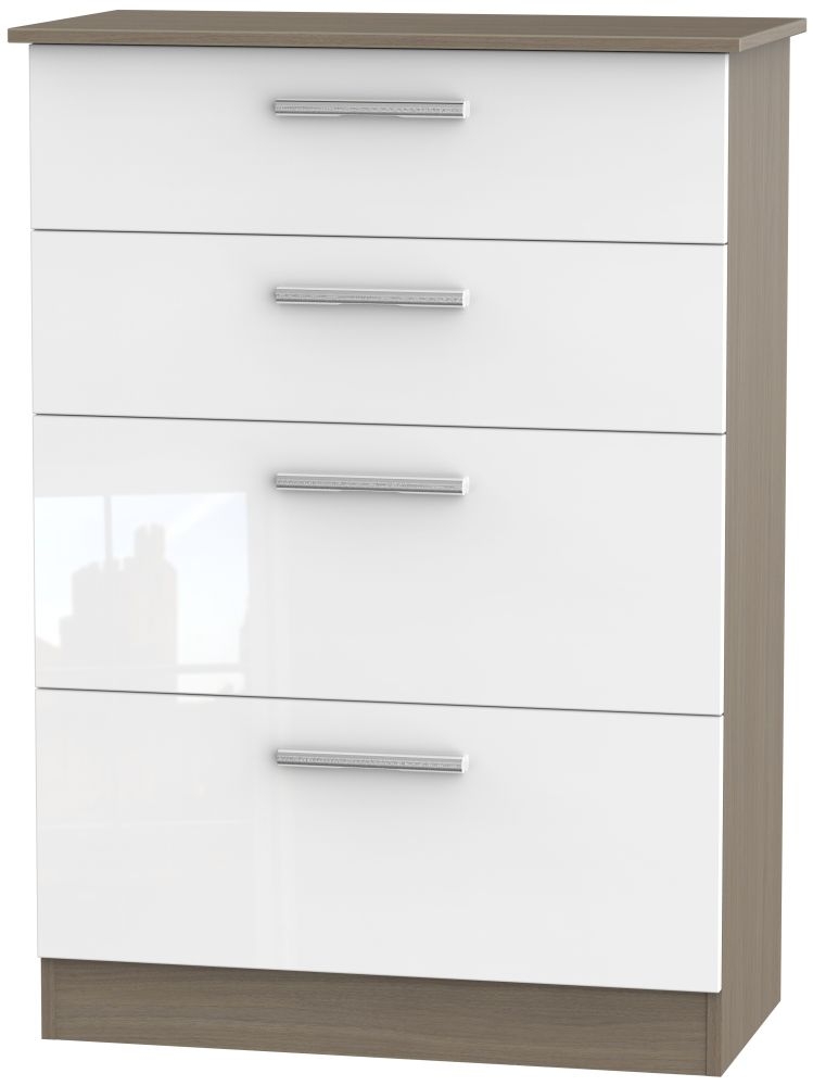 Contrast 4 Drawer Deep Chest High Gloss White And Toronto Walnut