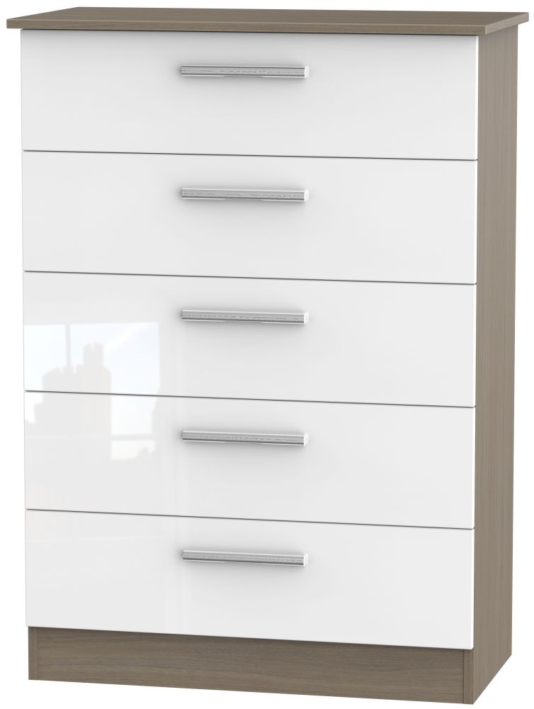 Contrast 5 Drawer Chest High Gloss White And Toronto Walnut