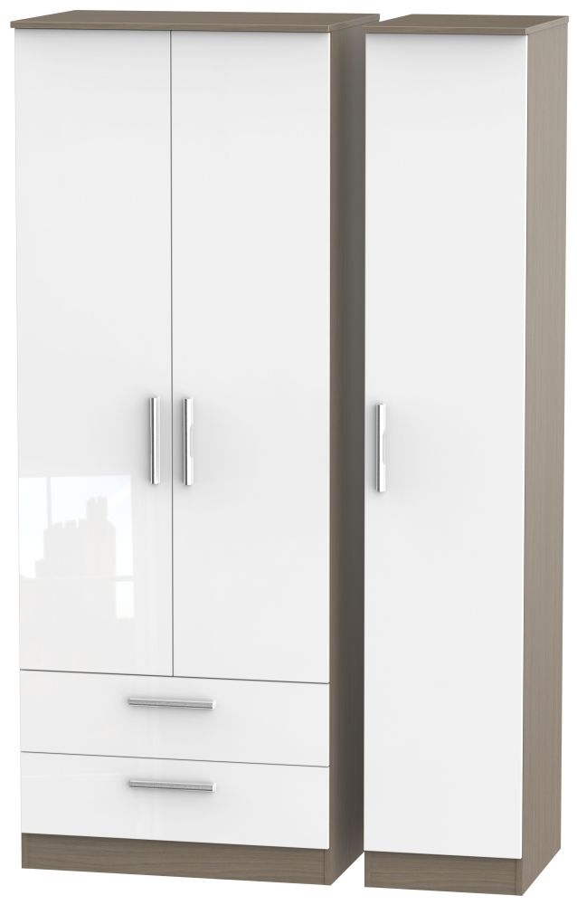 Contrast 3 Door 2 Drawer Wardrobe High Gloss White And Toronto Walnut