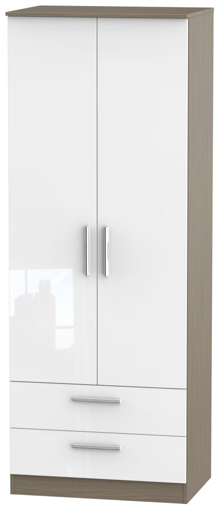 Contrast 2 Door 2 Drawer Wardrobe High Gloss White And Toronto Walnut