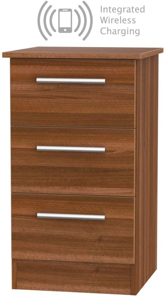 Contrast Noche Walnut 3 Drawer Bedside Cabinet With Integrated Wireless Charging