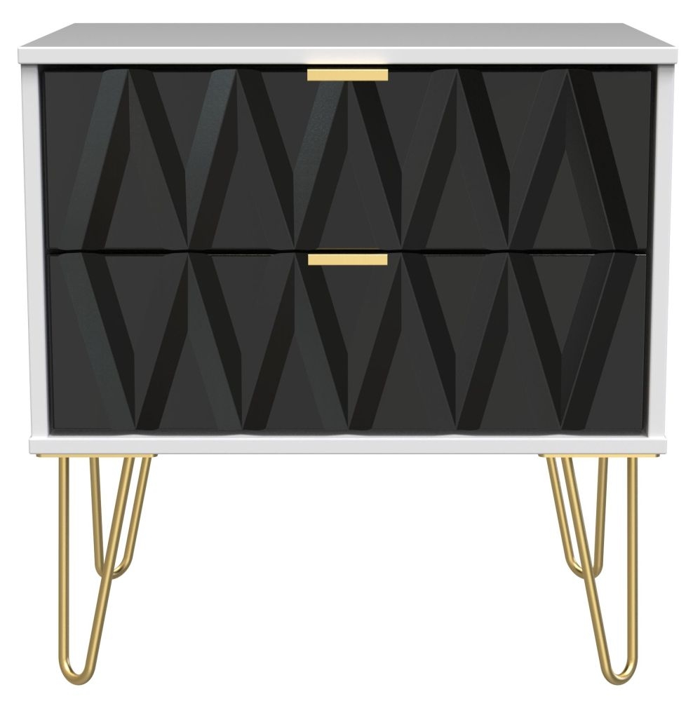 Diamond 2 Drawer Midi Bedside Cabinet With Hairpin Legs Black And White