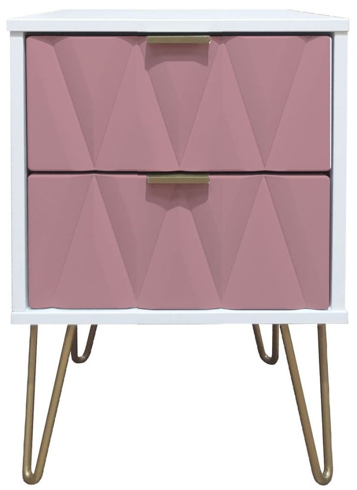 Diamond 2 Drawer Bedside Cabinet With Hairpin Legs Kobe Pink And White