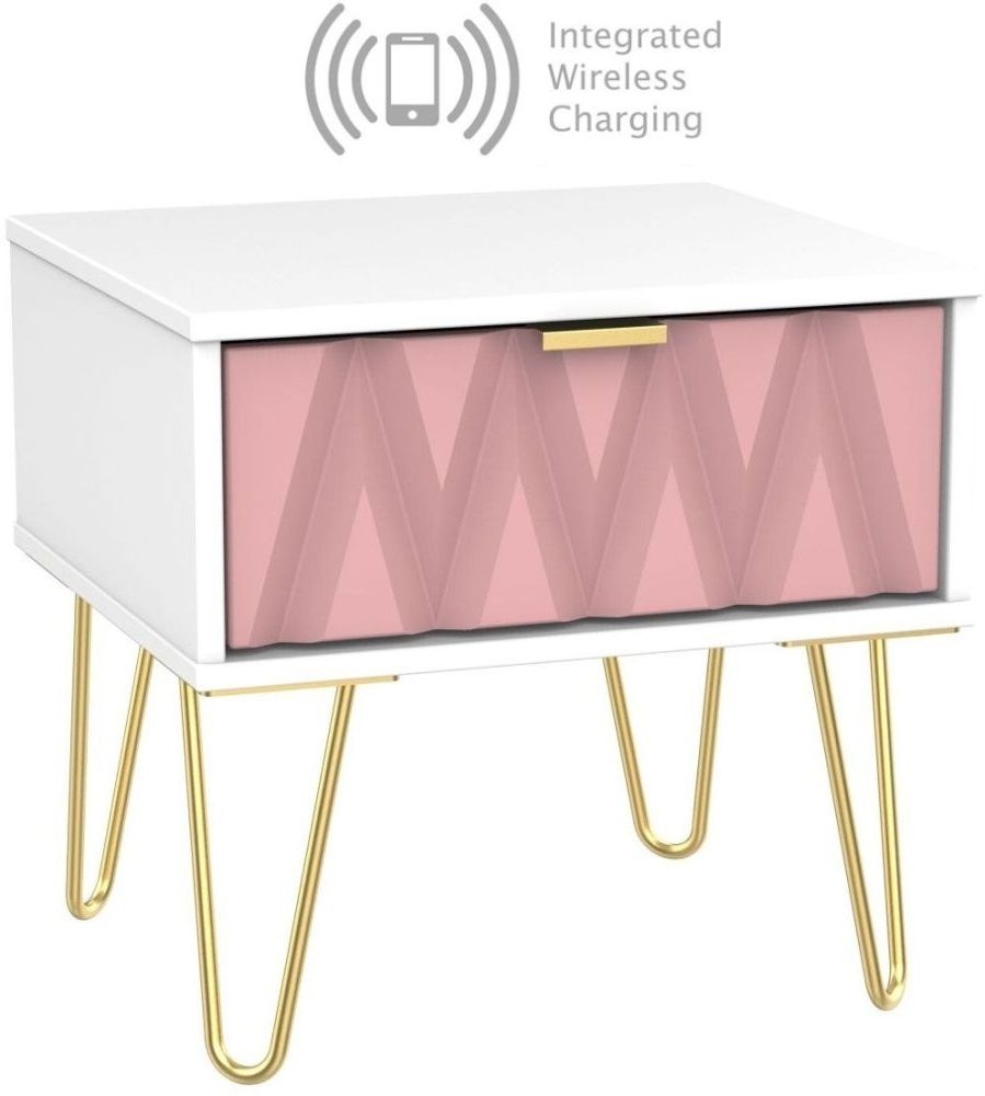 Diamond 1 Drawer Bedside Cabinet With Hairpin Legs And Integrated Wireless Charging Kobe Pink And White