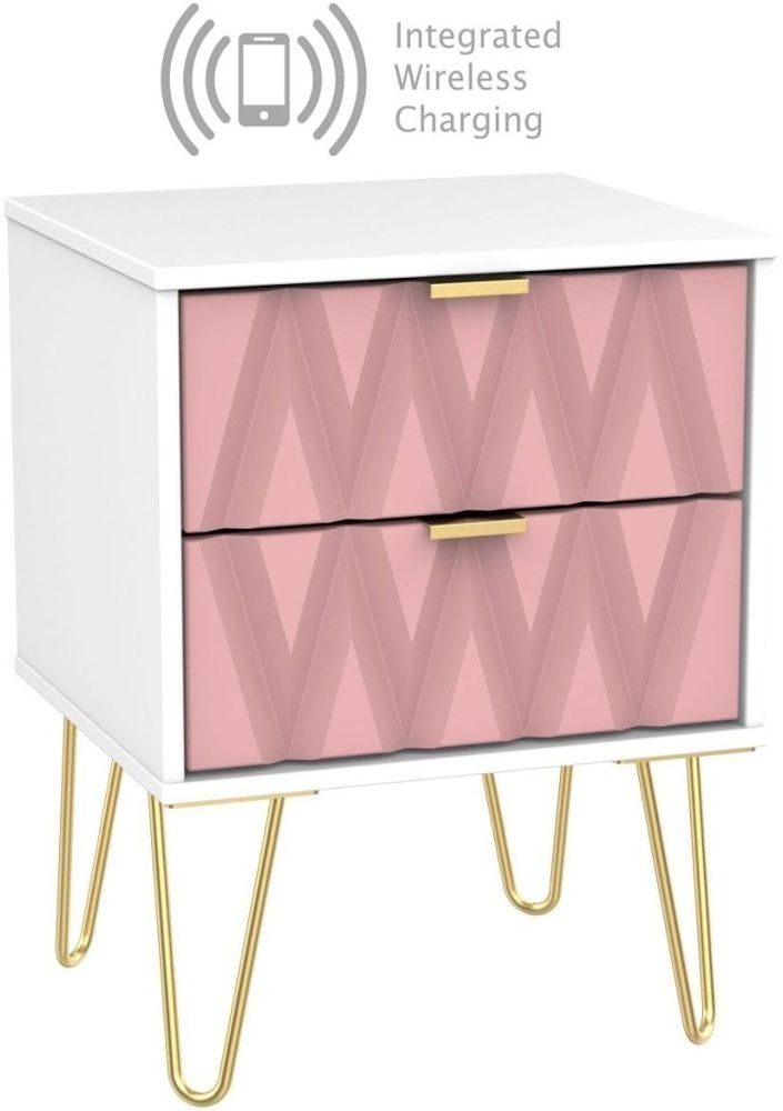 Diamond 2 Drawer Bedside Cabinet With Hairpin Legs And Integrated Wireless Charging Kobe Pink And White