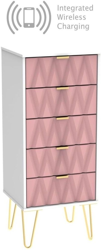 Diamond 5 Drawer Slim Chest With Hairpin Legs And Integrated Wireless Charging Kobe Pink And White