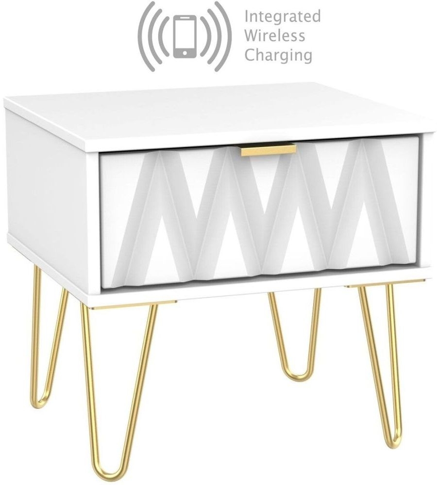 Diamond White 1 Drawer Bedside Cabinet With Hairpin Legs And Integrated Wireless Charging