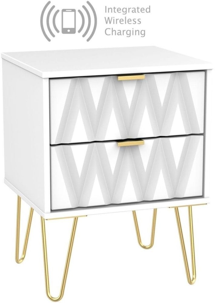 Diamond White 2 Drawer Bedside Cabinet With Hairpin Legs And Integrated Wireless Charging