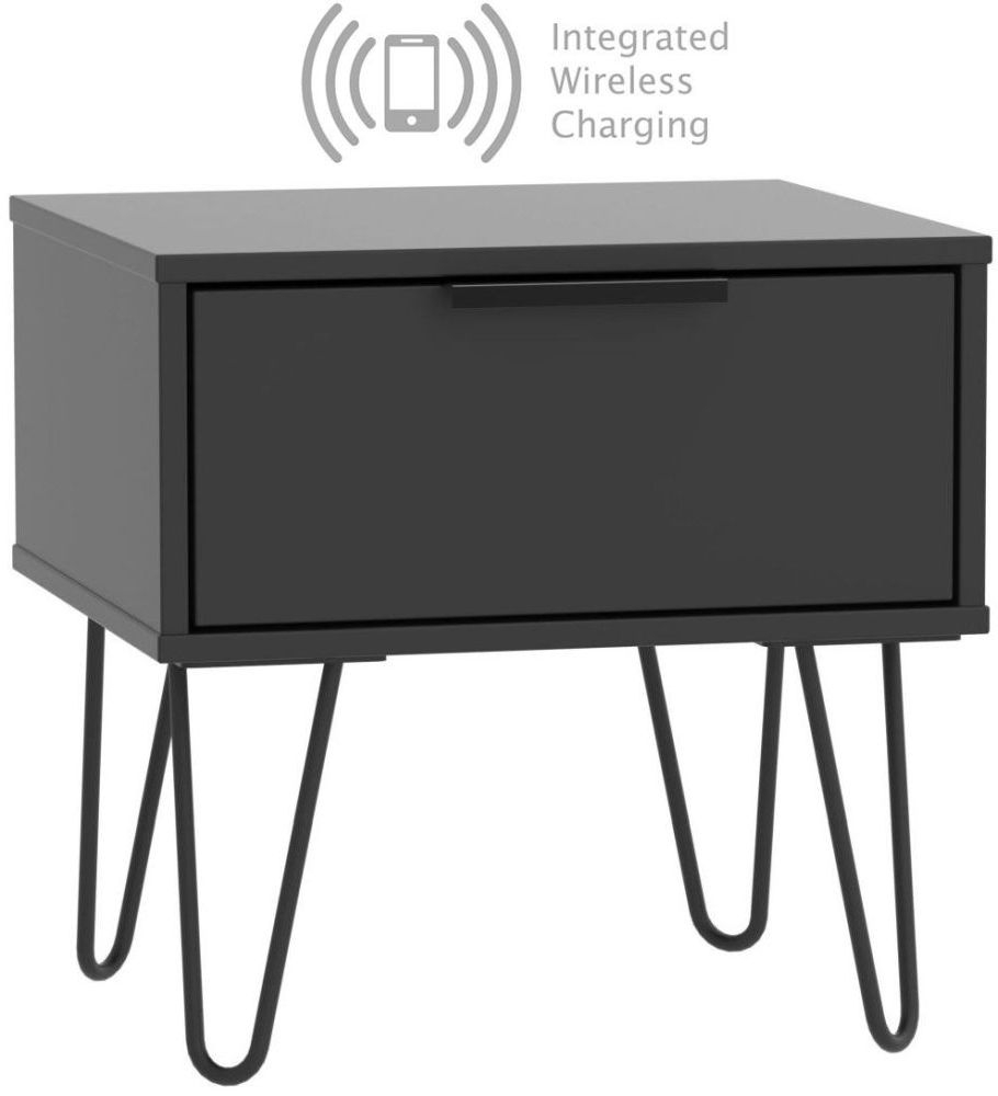 Hong Kong Black 1 Drawer Bedside Cabinet With Hairpin Legs And Integrated Wireless Charging