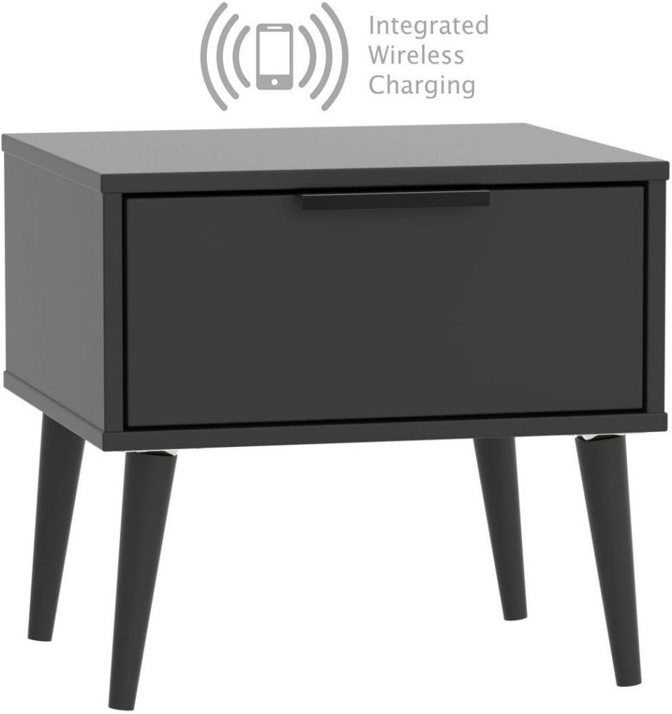 Hong Kong Black 1 Drawer Bedside Cabinet With Wooden Legs And Integrated Wireless Charging