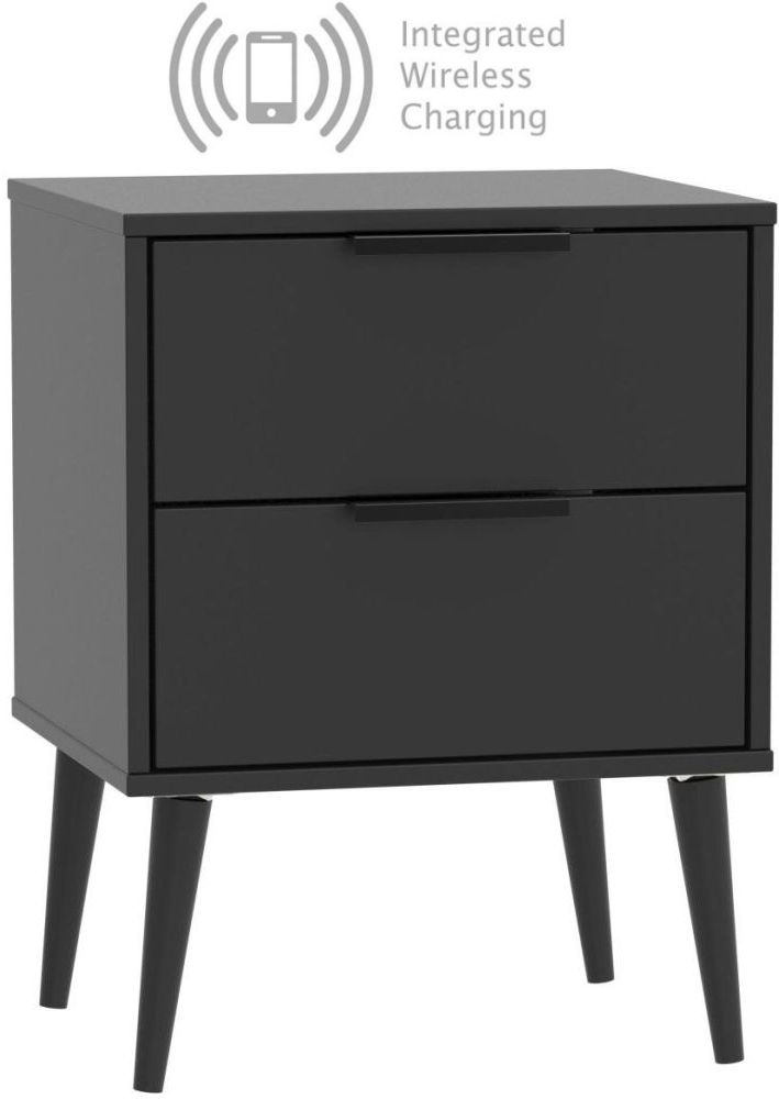 Hong Kong Black 2 Drawer Bedside Cabinet With Wooden Legs And Integrated Wireless Charging