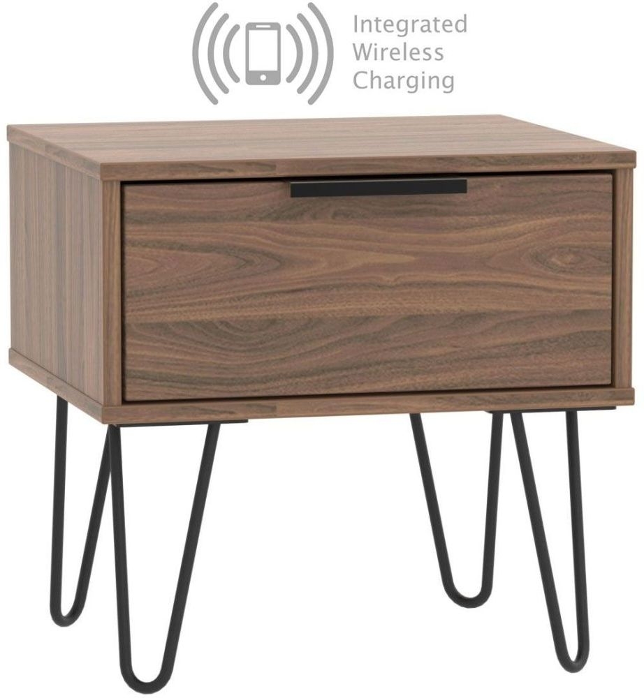 Hong Kong Carini Walnut 1 Drawer Bedside Cabinet With Hairpin Legs And Integrated Wireless Charging