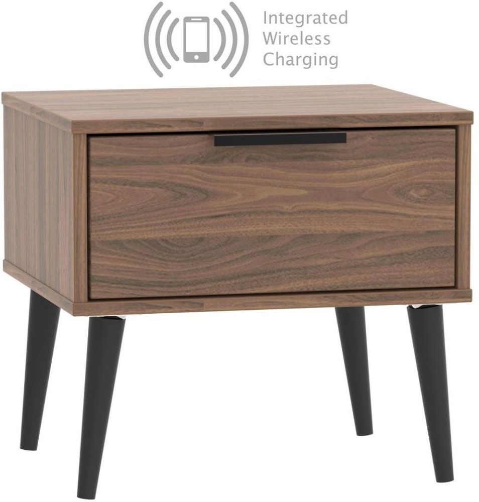 Hong Kong Carini Walnut 1 Drawer Bedside Cabinet With Wooden Legs And Integrated Wireless Charging